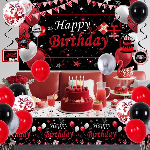 Black and Red Birthday Decorations for Men Women Boys Girls, Black and Red Party Decorations Happy Birthday Banner Backdrop Confetti Silver Balloons Arch Hanging Swirls Party Supplies Tablecloth