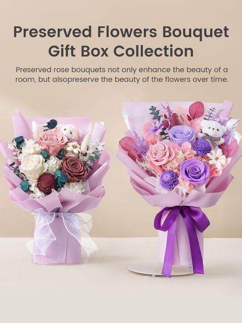 Polylove Preserved Flowers for Delivery Prime Forever Flowers Bouquet with Bear Flower Gift for Wife Women Birthday