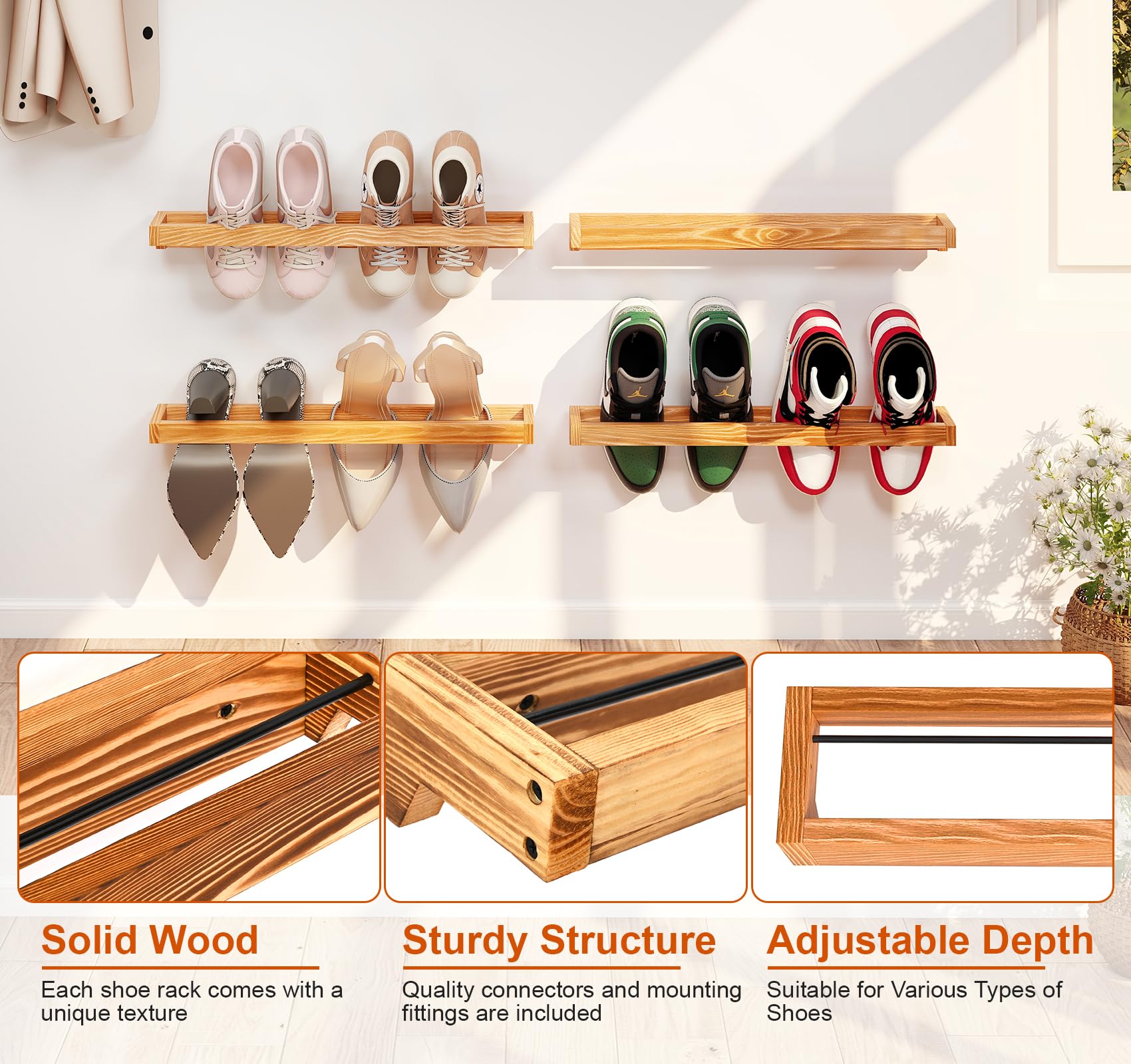 lesolar Wall Mounted Shoe Rack 20 Inch, 4 Pcs Rustic Wood Wall Hanging Shoe Rack, Burnt Wood Shoe Storage Organizer for Entryway Mudroom Closet, Space Saving