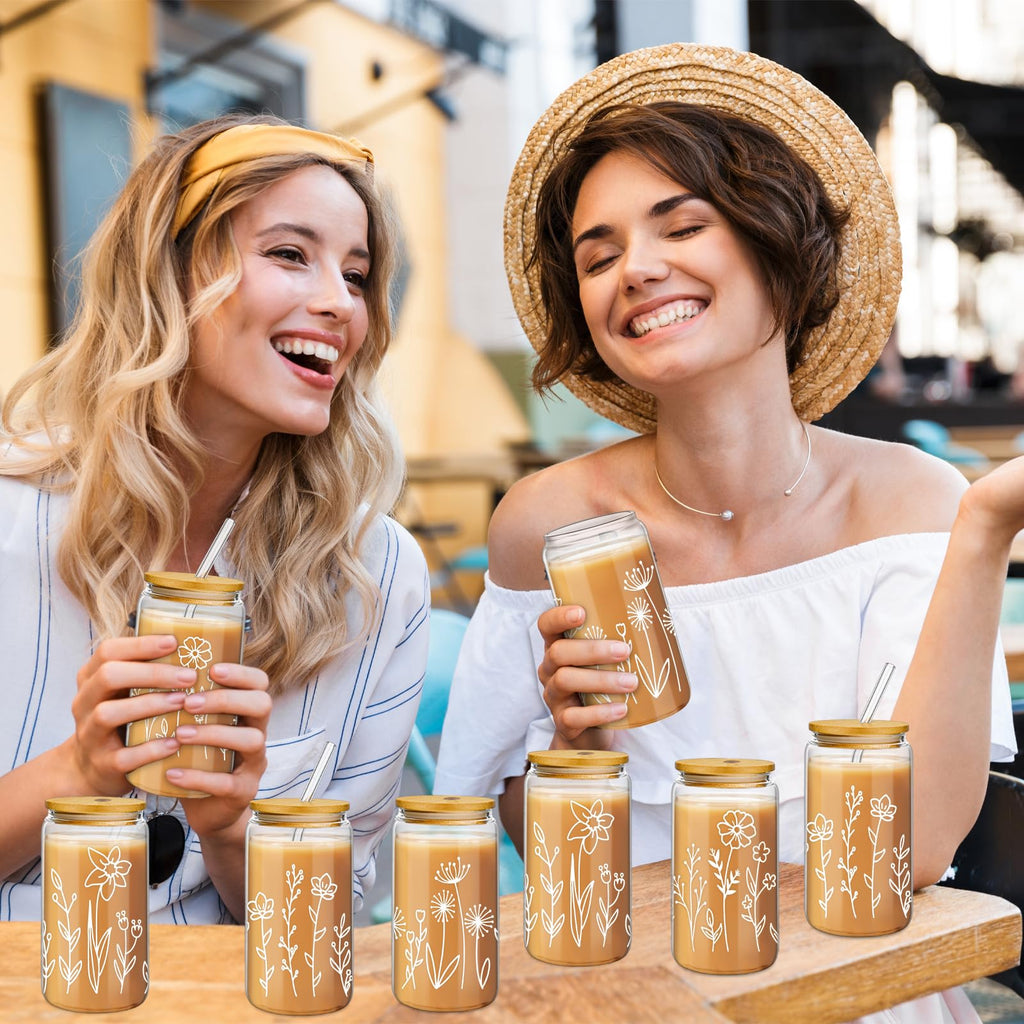 Mumufy 18 Pack Glass Cups Gift Aesthetic Cute Glass Cup Tumbler Flower Iced Coffee Mugs 16 oz with Bamboo Lid & Straw, for Wedding Birthday Bridesmaid Mom Baby Shower