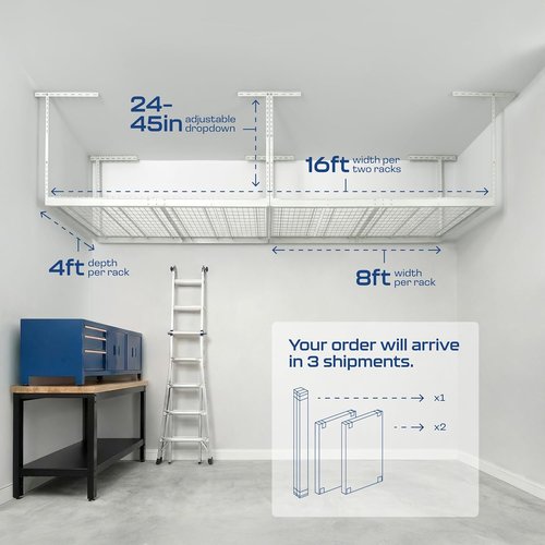 MonsterRax Overhead Garage Storage Rack - Adjustable Ceiling Shelving | 2-Pack, White, 24"-45" Height