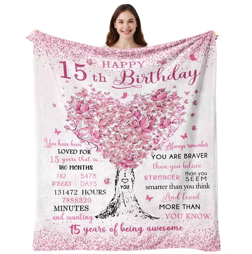 Vuinezo 15 Year Old Girl Gifts Blanket 50"X60", 15th Birthday Decorations for Girls, Quinceanera Gift, 15th Birthday Gifts for Teen Girls, Bday Gift for 15 Year Old Girl, Sweet 15 Bday Decorations