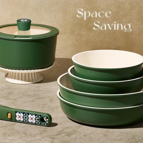 CAROTE 19-Piece Ceramic Cookware Set - Non-Stick, Non-Toxic, Detachable Handle | Induction & Dishwasher Safe, Green
