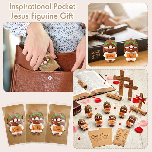 Thyle 30 Set Christian Easter Gifts Mini Jesus Figures Bulk Religious Positive Little Jesus with Scripture Plaque Table Decor Church Party Favor with Bible Verse Card Easter Figurines Basket Stuffers