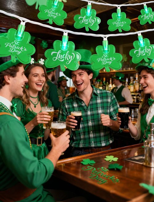 Adirxon 12FT St Patricks Day String Lights - 20 LED Shamrock Lights with St. Patrick's Day & Lucky Printed Text, Connectable Green Clover Decor for Pub Party Home Outdoor Indoor (White Wire)