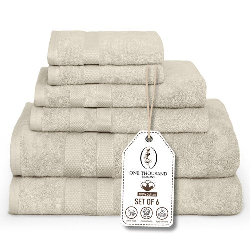 Premium Staple Cotton Bathroom Towel Set - Beige 600 GSM 6-Piece Luxury Bath Towel Set 3 Stripe - 2 Bath Towels, 2 Hand Towels & 2 Washclothes Set - High Absorbent & Quick Dry for Gym, Spa, Hotel