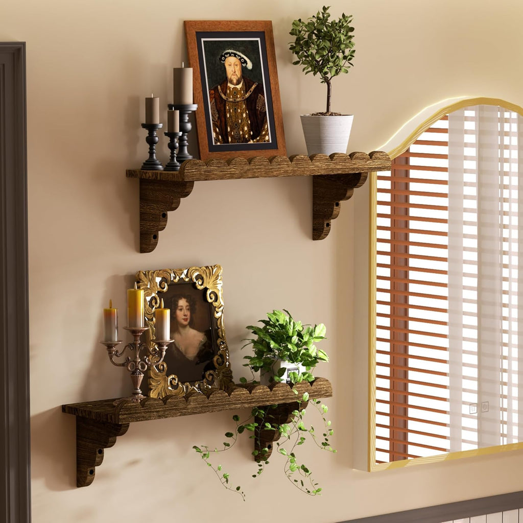QsQueen Scalloped Wood Wall Shelf - 17-Inch Rustic Floating Shelf with Easy Install Brackets for Any Room