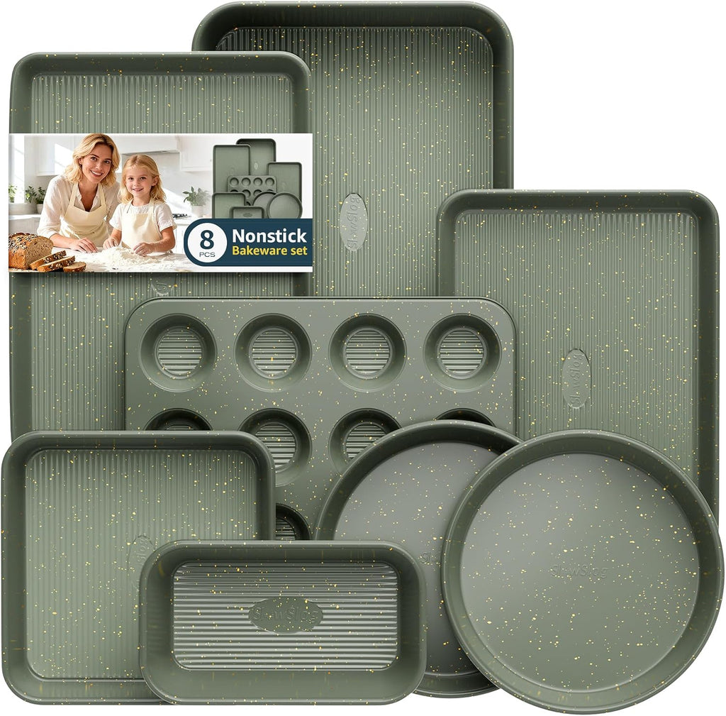 Regine Switzerland 8-Piece Nonstick Bakeware Set - Stackable Oven Pans with Cooling Rack & Ceramic Coating in Green