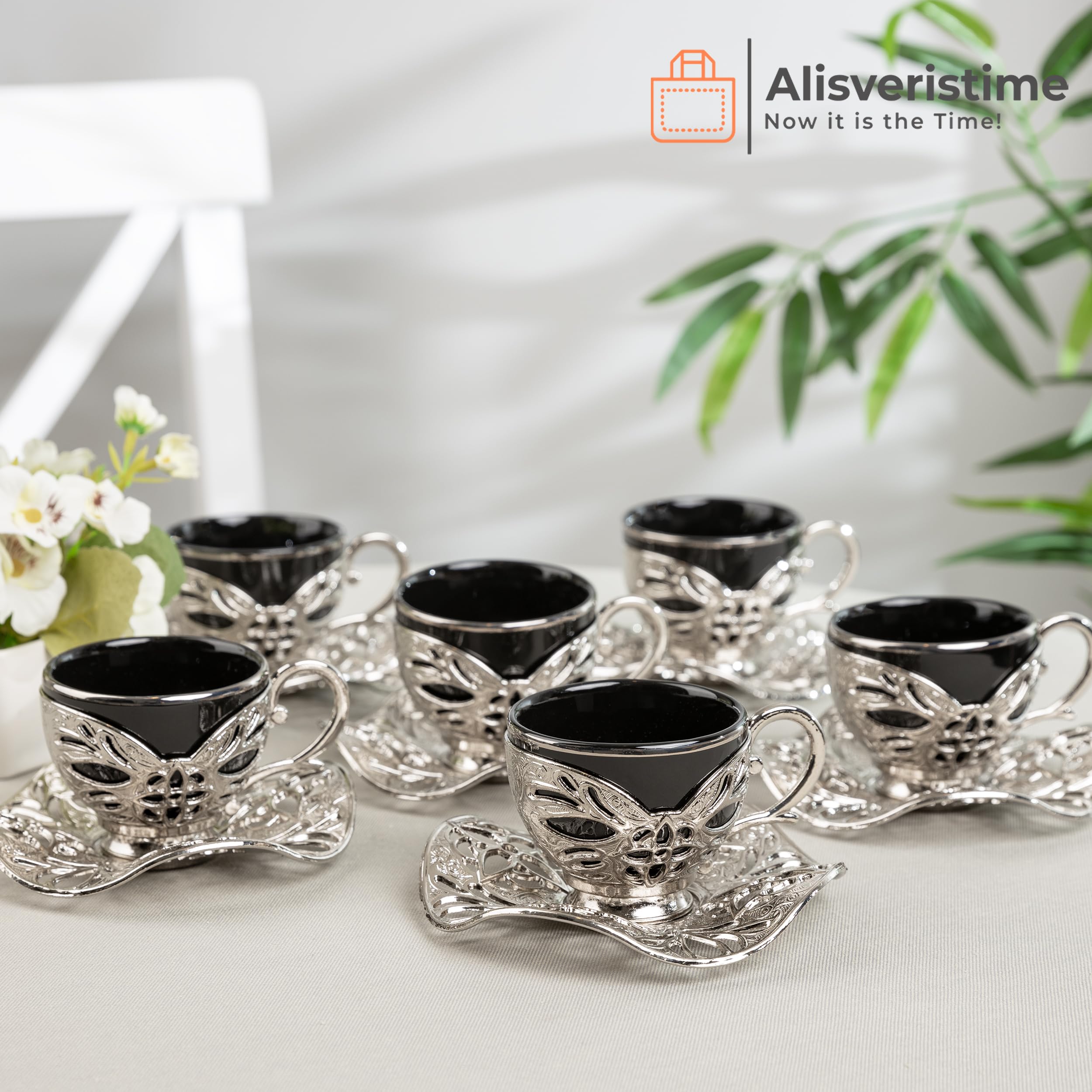 Alisveristime Turkish Coffee Set for Six, 6 Black Porcelain Cups with Gilded Rims, Zamac Holders and Saucers, Two Color Variations: Gold and Silver (Gilded-Design) (Silver)