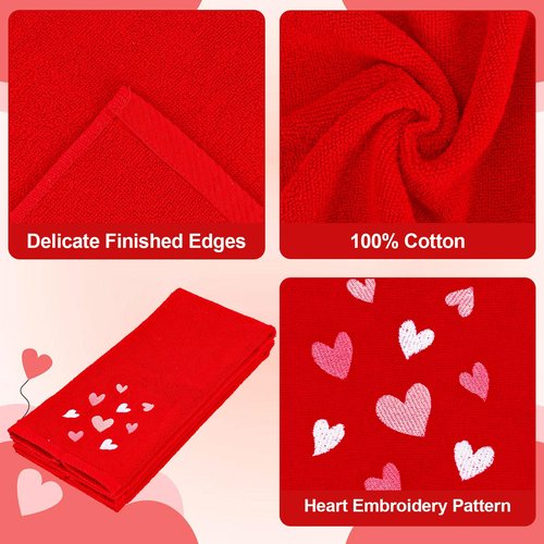 JarThenaAMCS 2Pcs Valentine's Day Hand Towels Red Pink Heart Embroidered Cotton Bathroom Towel Absorbent Bath Towel for Kitchen Dish Hand Drying Cleaning Cooking, 29.5 x 13.7 Inch