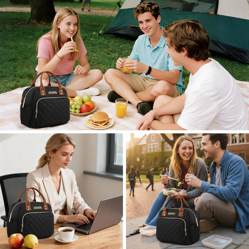 HOMESPON Lunch Bag for Woman Man Adults with Front Pocket Insulated Lunch Tote with Side Pockets Lunch Box Container for Work Picnic or Travel (Black Golden)