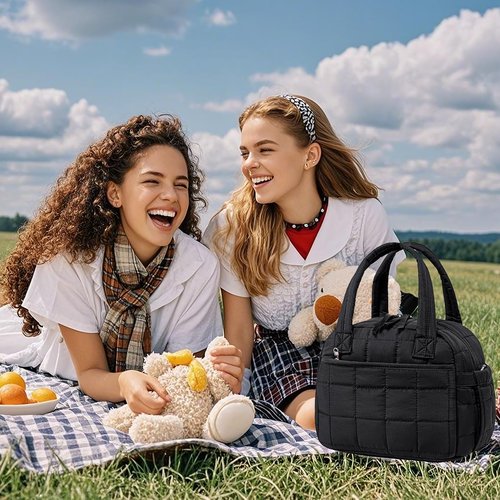 LEDAOU Insulated Lunch Box for Women Black Adult Girls Lunch Bag Quilted Puffer Lunchbox with Adjustable Strap Reusable Lunch Bags for Work School Picnic Travel