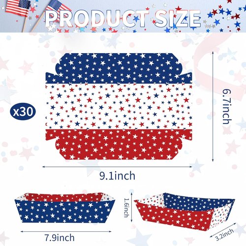 30 Pack Red, White & Blue Star Food Trays - Disposable Paper Serving Containers for BBQs & Patriotic Parties