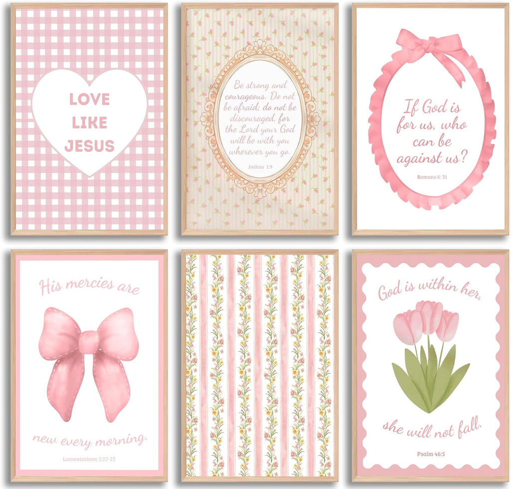Skiennix 6Pcs Pink Bible Verses Wall Art - Trendy Floral Scripture Prints for Girls' Room | 8x10in Unframed