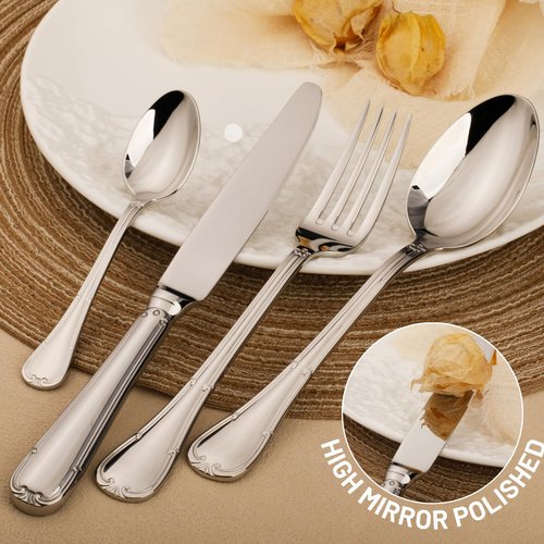 VIVANI 16-Piece Premium 18/10 Forged Flatware Set for 4, Heavy Duty Stainless Steel Silverware Cutlery for Fine Dining, Weddings & Banquets, Elegant Utensils in Black Gift Box