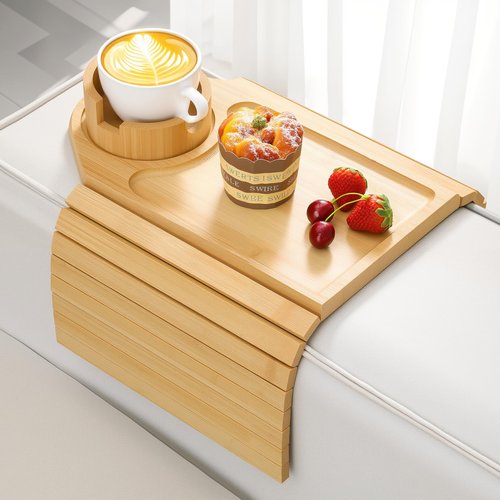 Kssiaz Couch Arm Tray, Bamboo Sofa Table for Couch, Sofa Arm Tray with Cup Holder, Non-Slip Armrest Organizer for Drink, Cup, Snack, Control, Easy to Clean, Natural