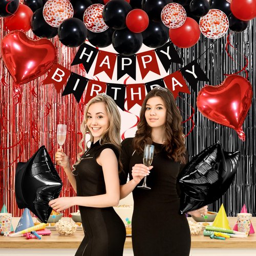 Recosis Red and Black Birthday Decorations, Happy Birthday Banner, Confetti Balloons, Fringe Curtain, Heart Star Foil Balloons, Hanging Swirls for Women Girls Birthday Princess Party Decorations