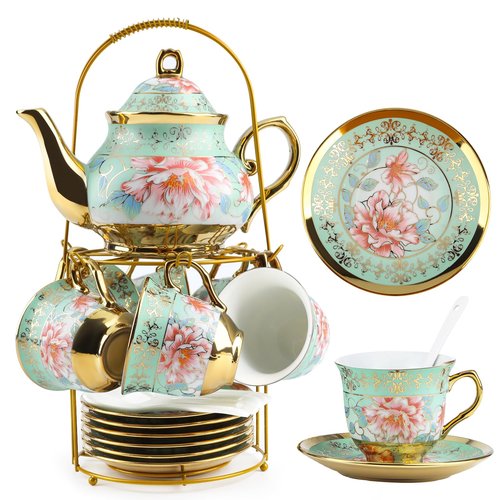 20 Pcs Porcelain Tea Set with Metal Holder and Spoon, European Ceramic Tea Set for Adults, European Flower Painting Teapot Cup Saucer Spoon Set for 6, Gift Pack