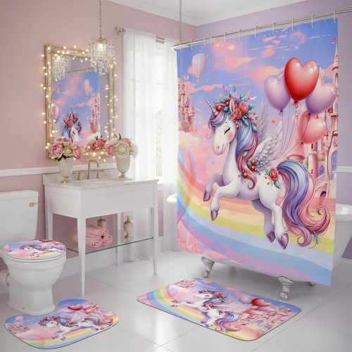 Glowevera Vivantia 4Pcs Unicorn Girls Shower Curtain with Memory Rugs, Kids Bathroom Sets with Cute Uicorn Shower Curtain, Non-Slip Rug,Toilet Lid Cover Bath Mat and 12 Hooks,Gift for BoyGirl Kids