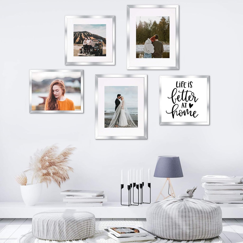 Upsimples 8x10 Picture Frame Set of 5 - Stylish Silver Frames for 5x7 or 8x10 Photos | Wall Gallery Display