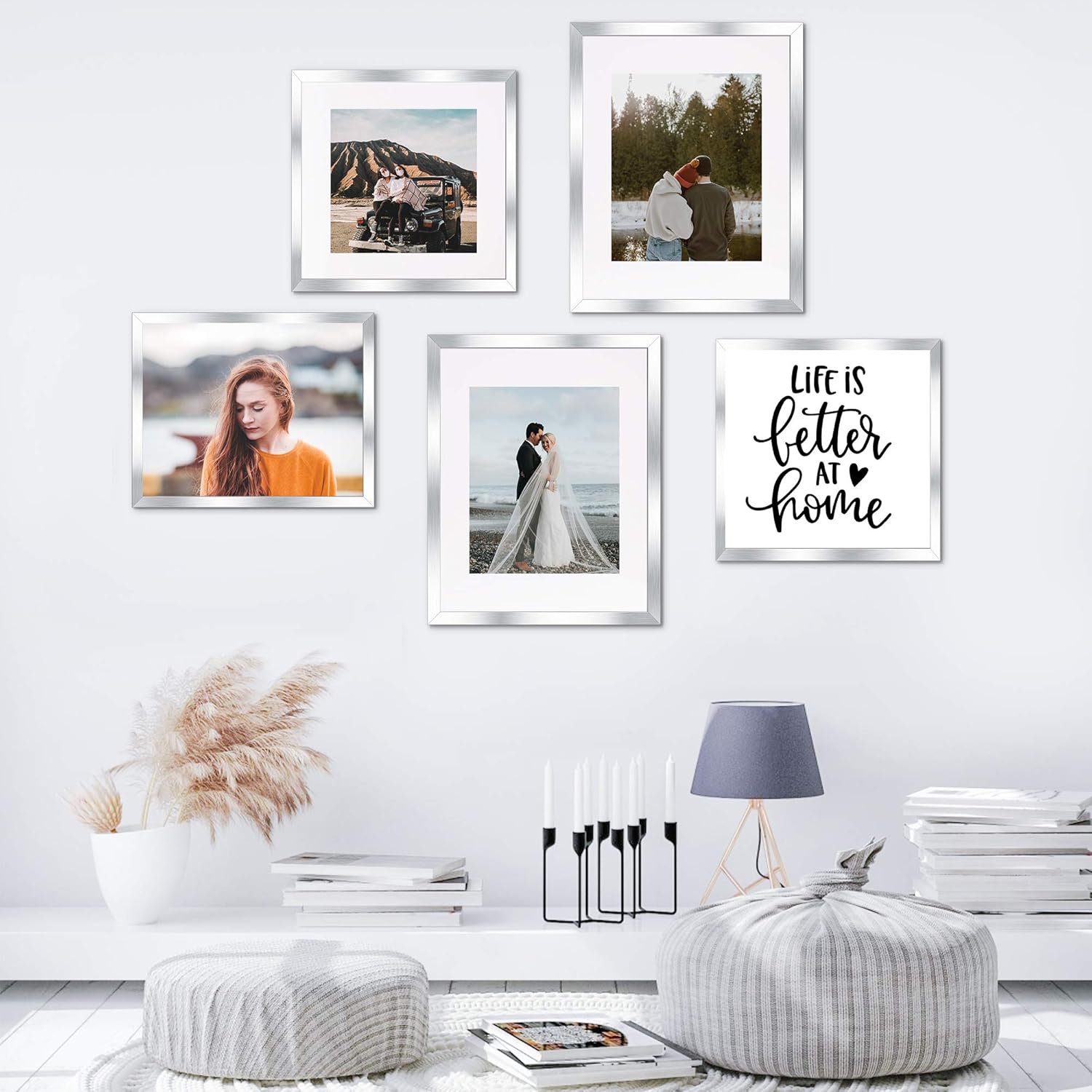 Upsimples 8x10 Picture Frame Set of 5 - Stylish Silver Frames for 5x7 or 8x10 Photos | Wall Gallery Display