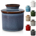 Blue French Butter Dish，Handmade Reactive Glaze Ceramic Butter Crock with Water Line for Speradable Fresh Butter