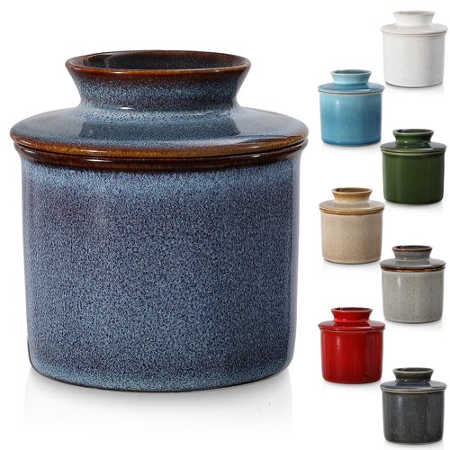 Blue French Butter Dish，Handmade Reactive Glaze Ceramic Butter Crock with Water Line for Speradable Fresh Butter