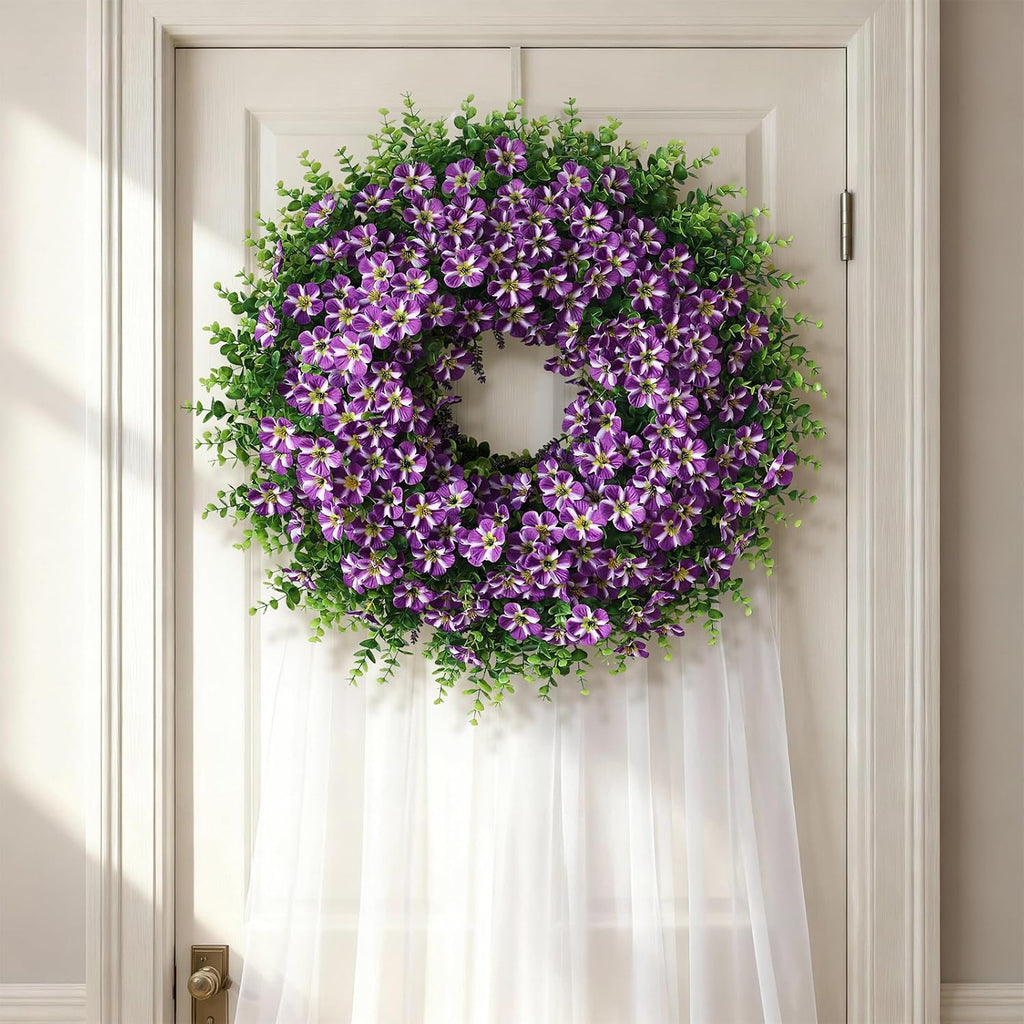 Skiennix 26" Large Artificial Eucalyptus Wreath - Realistic Faux Silk Morning Glory Flowers in Purple for Home, Farmhouse & Wedding Decor