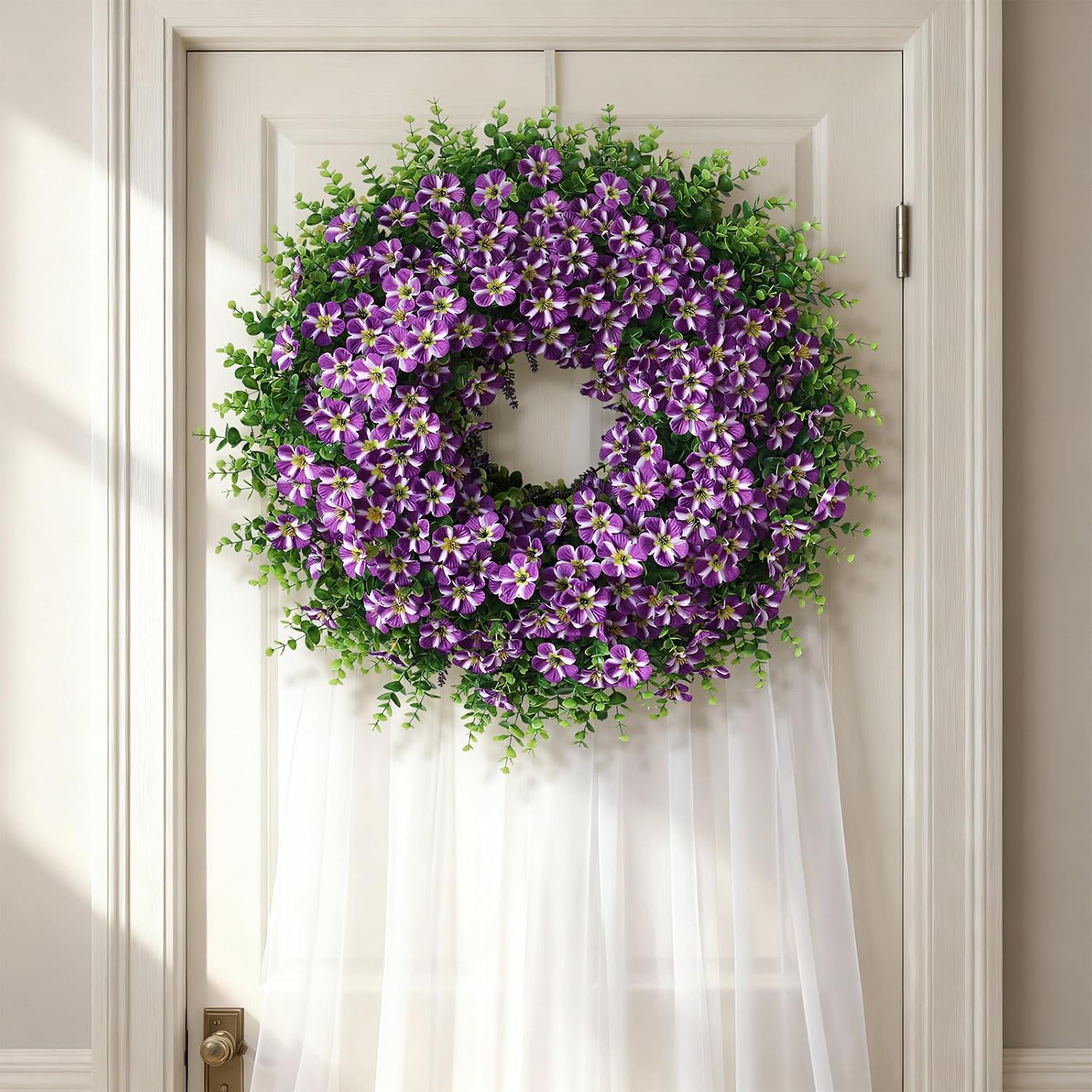 Skiennix 26" Large Artificial Eucalyptus Wreath - Realistic Faux Silk Morning Glory Flowers in Purple for Home, Farmhouse & Wedding Decor