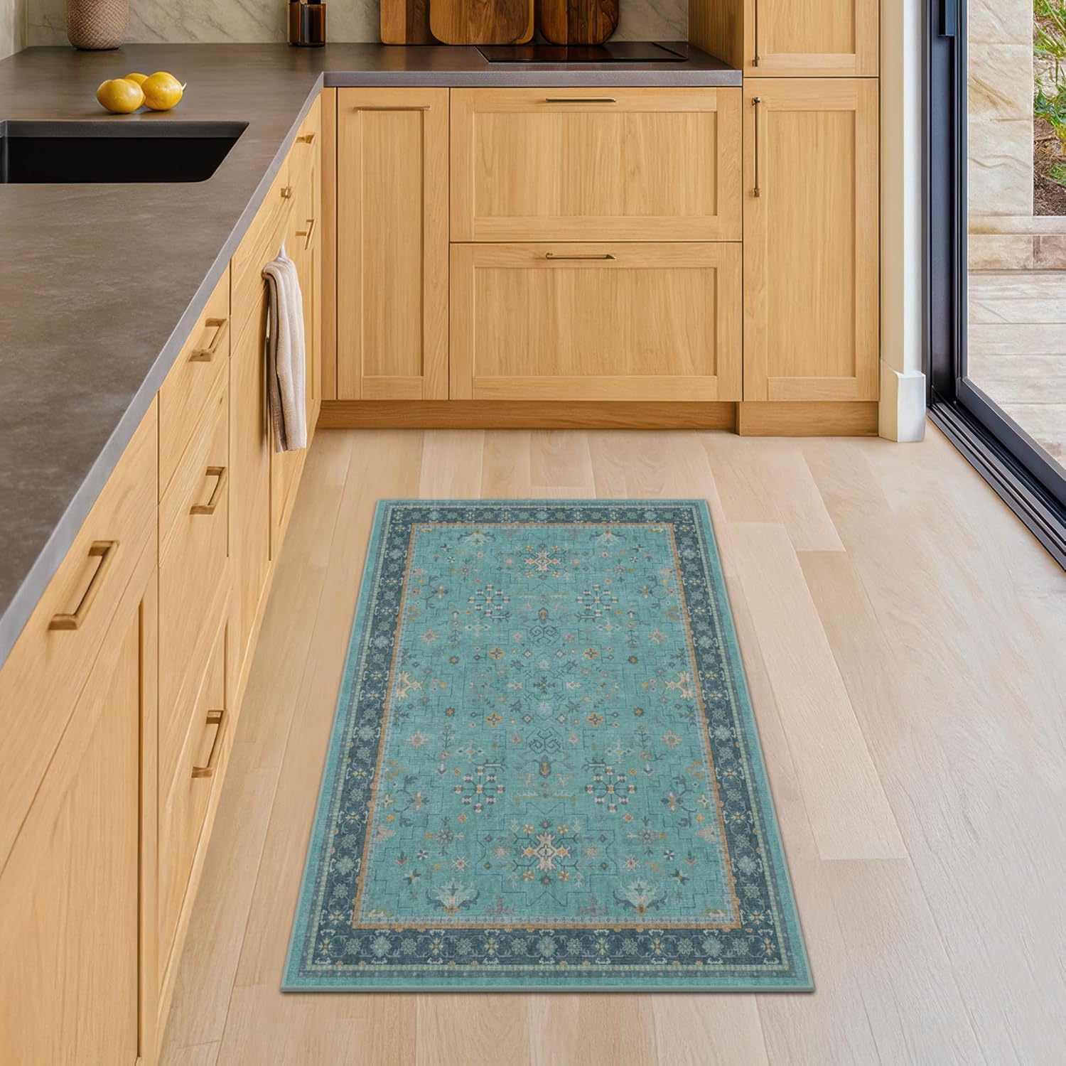 Teal Throw Rugs by 2x4 - Washable Non-Slip Kitchen Rug | Boho Floral Indoor Carpet for Entryway & Bathroom