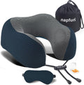 Napfun Neck Pillow - Memory Foam Travel Pillow with Pouch, Sleep Mask & Earplugs | Deep Blue Striped Kit