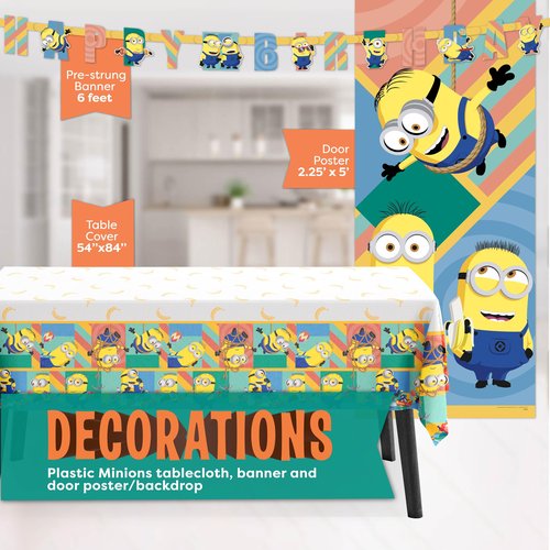 Minion Birthday Party Decorations | Serves 16 | Banner, Tablecloth, Door Poster Photo Backdrop, Plates and Napkins | Officially Licensed