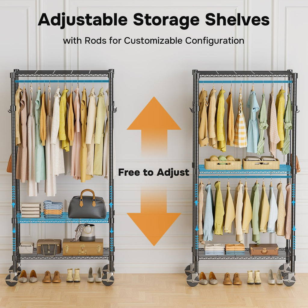 Simple Deluxe Rolling Clothes Rack, Heavy Duty Clothing Rack, 3-Shelf Portable Adjustable Wardrobe Closet with Wheels, Hanging Rods & Side Hooks, 29.5" W x 15.7" D x 75.6" H, Black