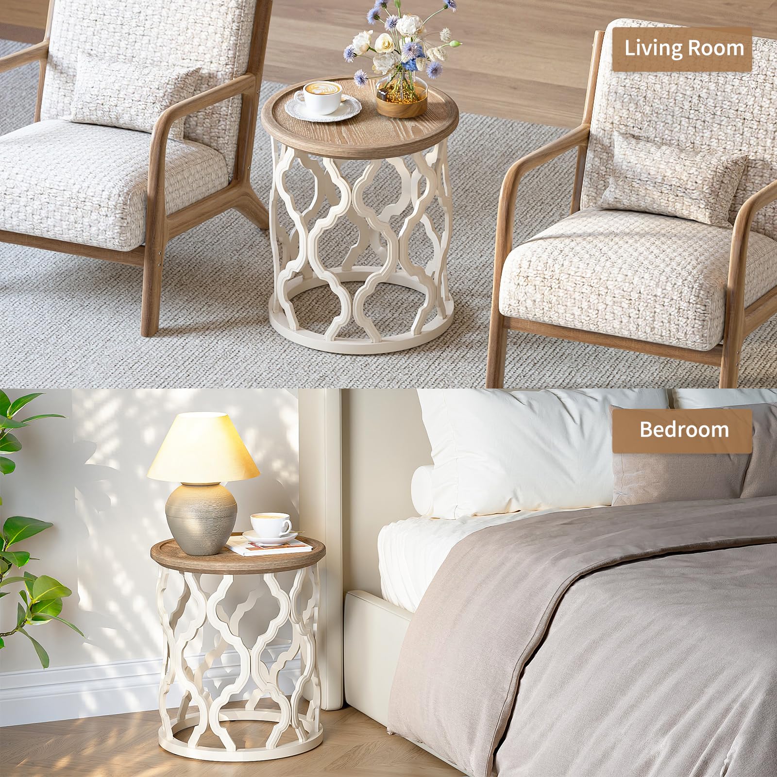 karlott Farmhouse End Table, 18.5'' French Country Round Side Table, Distressed Tray Top Side Table with Curved Motif Frame Base for Boho, End Tables Living Room, Bedroom, Small Space, Cream Beige