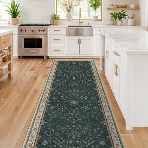 Dark Green Kitchen Rug - Modern Vintage Boho Floral Design | Washable Low Pile Non-Slip 2x5 Runner