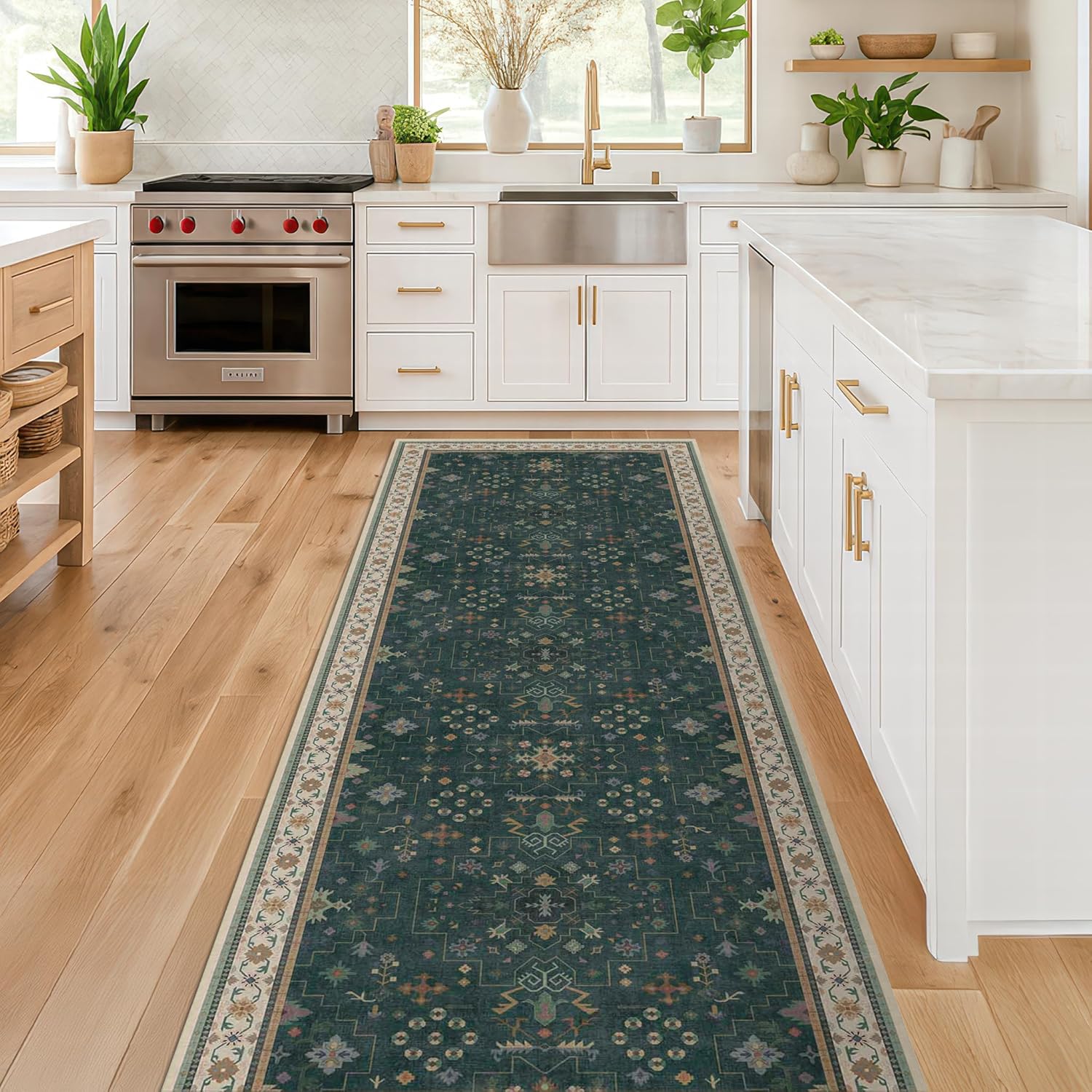 Regine Switzerland Dark Green Washable Kitchen Runner Rug - Non-Slip Rubber Backing | 2'6"x8' Stain Resistant