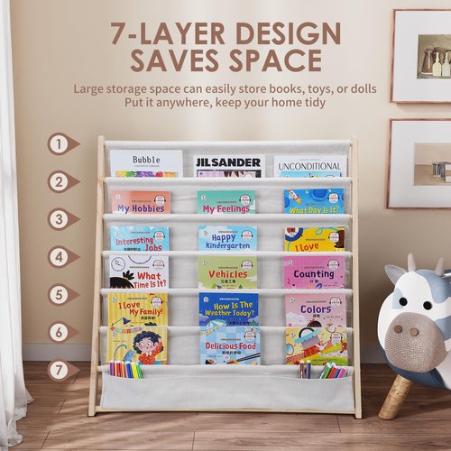 Hggzeg Wooden Bookshelf for Kids, 6 Tier Kids Bookcase Storage Display Rack with Fabric Storage Pockets, Easy Access Magazine Rack, for Children’s Bedroom and Playroom (Beige)