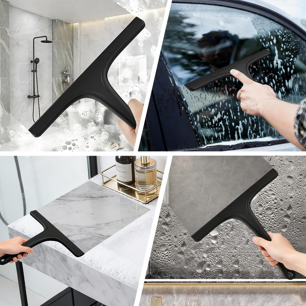 Silicone Shower Squeegee - Effortlessly Remove Water Spots from Glass, Mirrors & Tiles | 10 Inch, Black