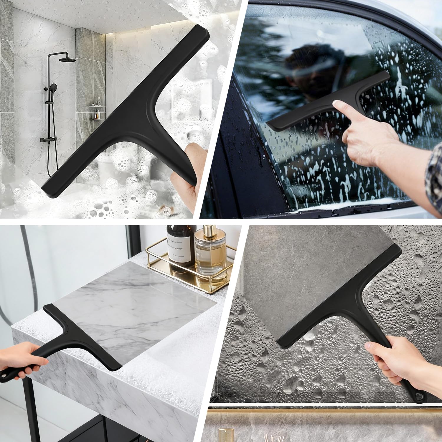 Silicone Shower Squeegee - Effortlessly Remove Water Spots from Glass, Mirrors & Tiles | 10 Inch, Black