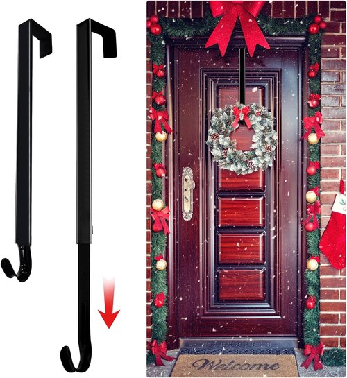 DZZ Adjustable Black Wreath Hanger - 15 to 25 Inch Door Hook for Christmas Decor | 20 lb Capacity