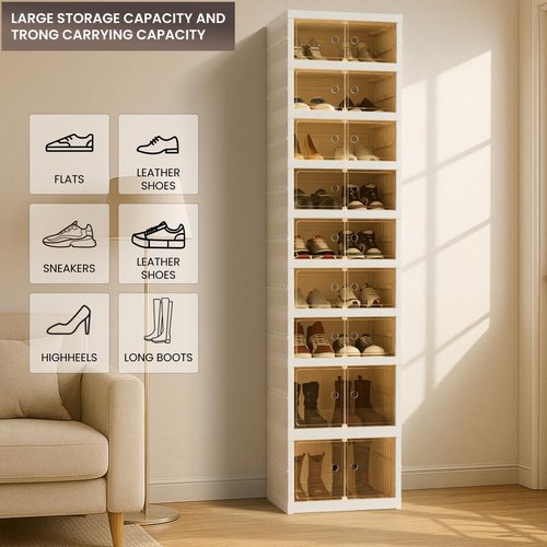 Tykacna Foldable Shoe Organizer Storage Box, Portable Extra Large Folding Shoe Rack for Closet, Shoe Storage Box with Magnetic Transparent Door and Wheels, 9 Layers 18 Grids with 4 Big Grids