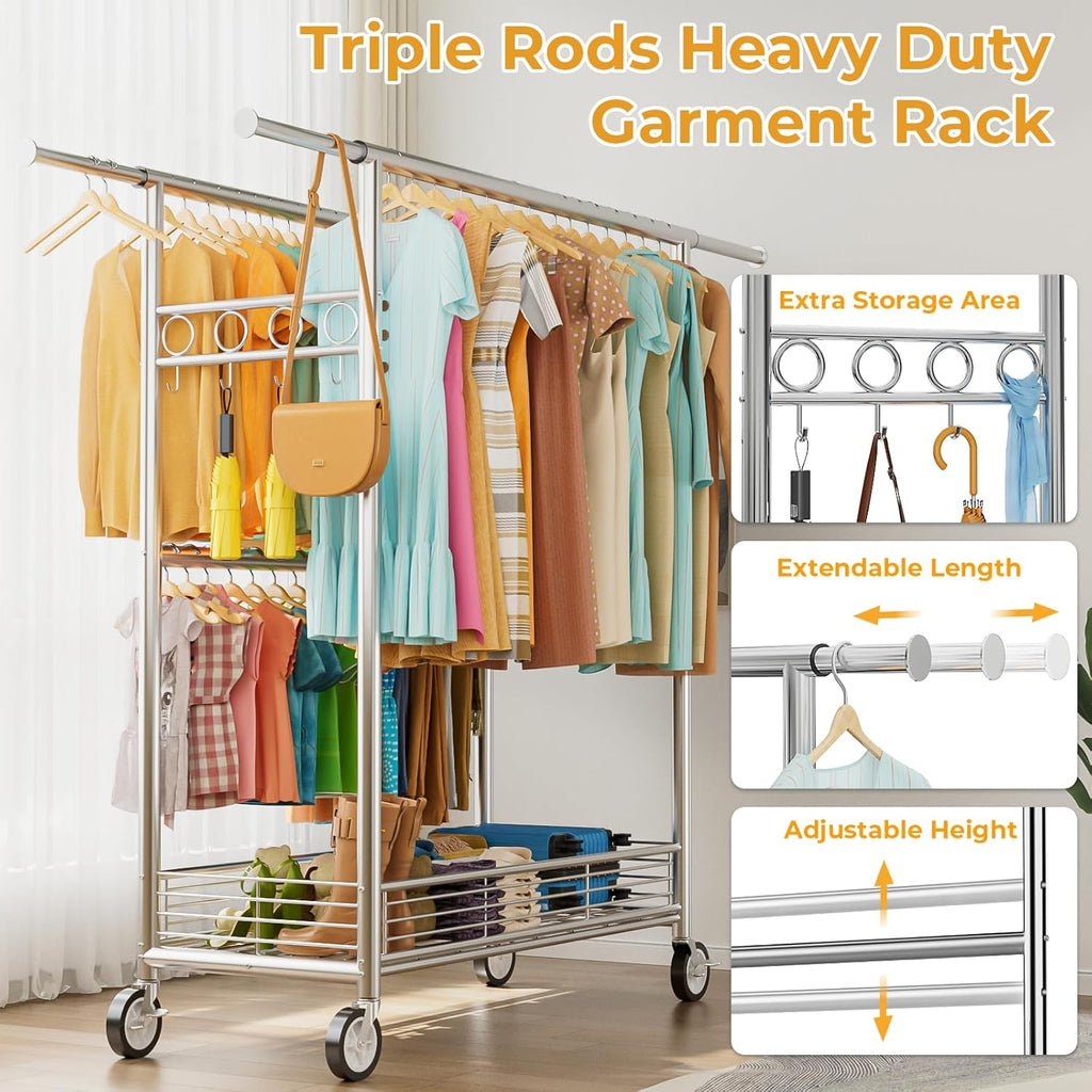 Regine Switzerland Heavy Duty Clothes Rack - 960LBS Capacity, Adjustable & Portable with Wheels, Silver