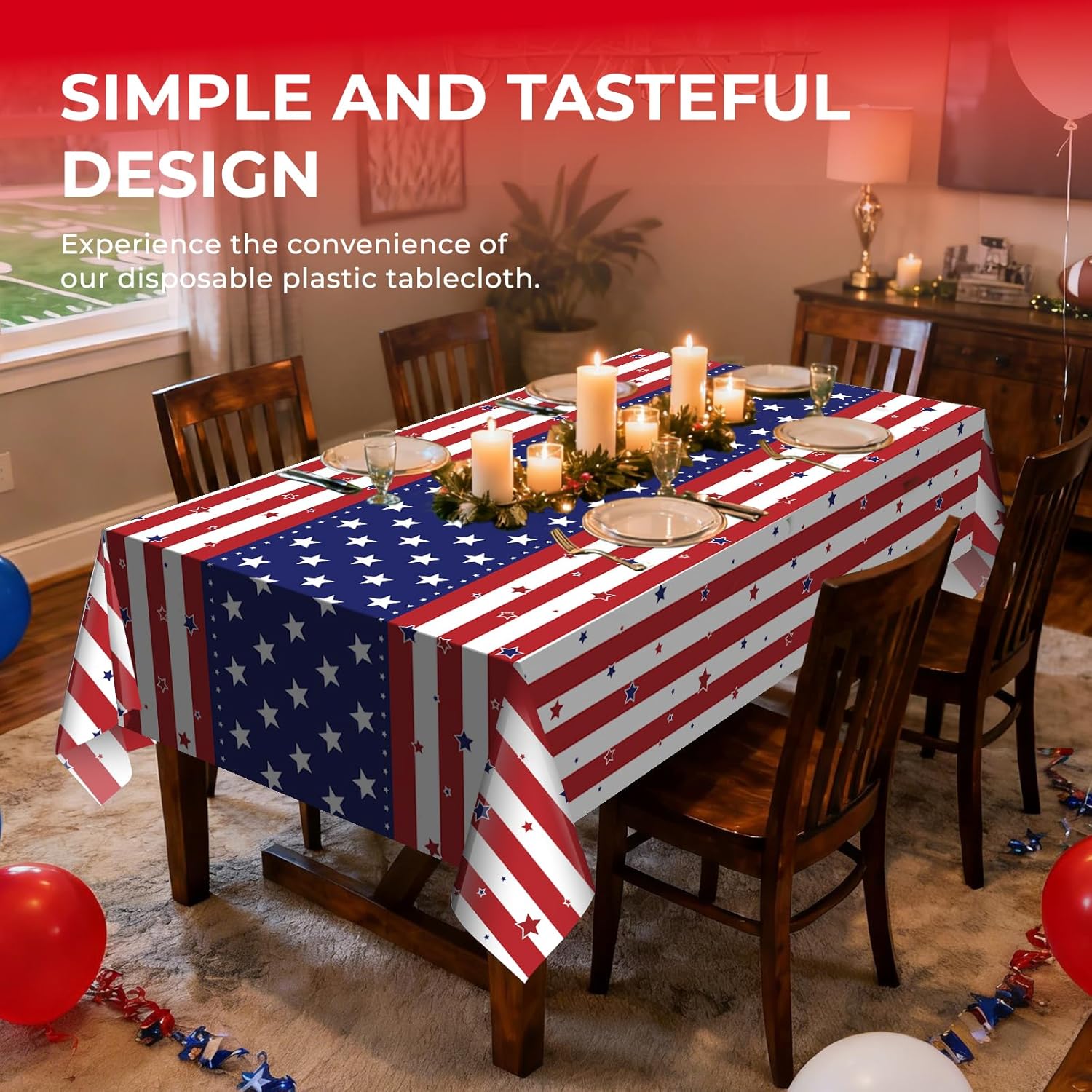 Skiennix 6 Pack Disposable Plastic Tablecloths - Patriotic American Flag Design, 54" x 108" for Memorial Day Celebrations