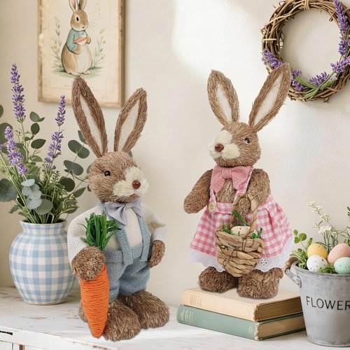 DR.DUDU Easter Decorations - Set of 2 14" Sisal Bunny Figurines with Carrot & Egg | Spring Farmhouse Centerpieces