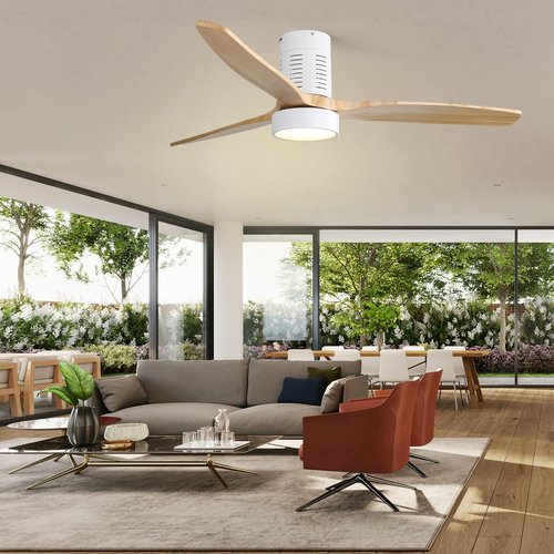 Sofucor 52 Inch Ceiling Fans with Lights and Remote Control, Modern Low Profile Flush Mount Wood Ceiling Fan, LED Dimmable, 6 Speeds Quiet DC Motor, Indoor/Outdoor Ceiling Fan for Bedroom Living Room