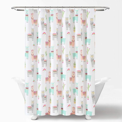 Lush Decor Southwest Llama Cactus Shower Curtain, White & Blush - Cute Colorful Boho Kids Bathroom