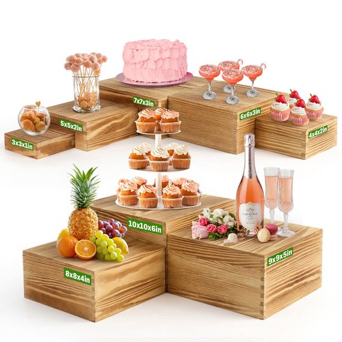 Budiwati 8-Pack Pine Wood Buffet Risers, Multi-Size Nesting Cube Food Display Stands for Buffet Table & Catering, Hollow Bottoms Food Risers for Multi-Level Buffet Presentation