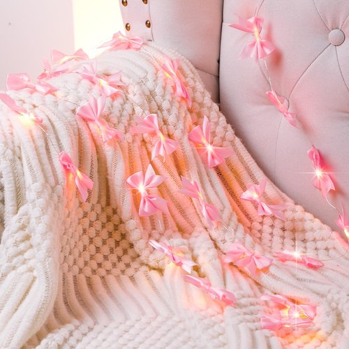 Glooglitter 10ft 30 LEDs Pink Bow String Lights Battery Operated Coquette Birthday Decor Cute Pink Bow Fairy Lights for Bedroom Party Birthday Wedding Valentines Decorations