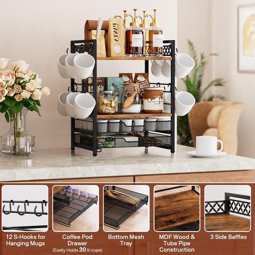 Plaviya Coffee Bar Organizer Countertop Station Shelf, 4 Tier Mug Cup Holder Stand with 12 Hooks, 30 K Cup Coffee Pod Holder, Multifunctional Coffee Shelf Organizer for Accessories Station Kitchen