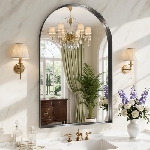 Arch Bathroom Mirror, 30"x48" Wall Mounted Vanity Mirror with Deep Frame, Tempered Glass Decor Mirror for Bathroom, Bedroom, Entryway and Living Room, Hanging or Leaning, Black